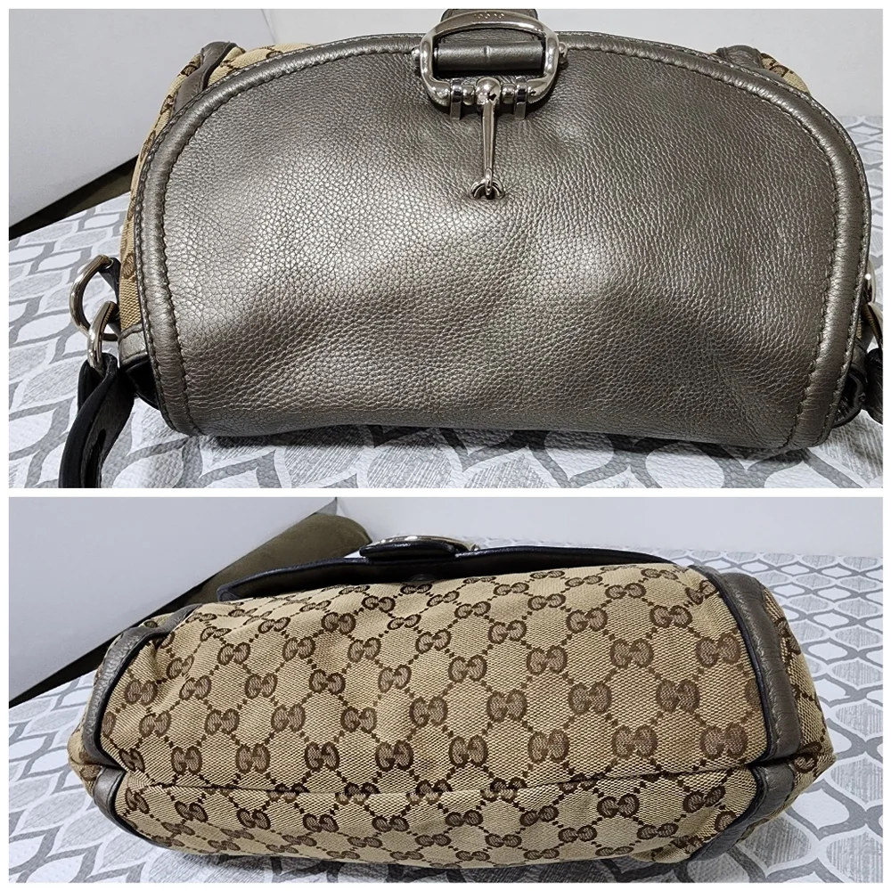 Gucci Medium GG Canvas Techno Horsebit Flap Hobo Bag Grey/Beige